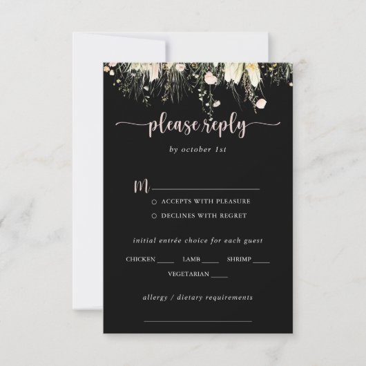 Boho Fleur sauvage Mariage noir Menu Choix RSVP (Devant)