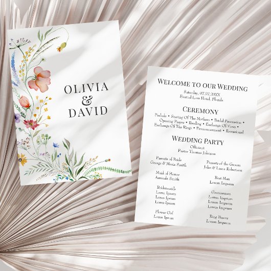 Boho Fleur sauvage Meadow Wedding Programme de mar