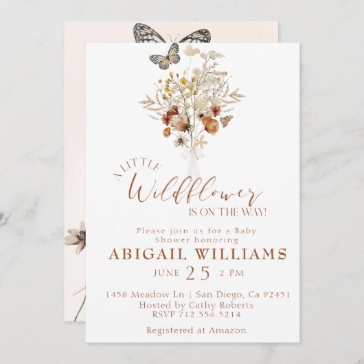 Boho Fleur sauvage papillon Baby shower Invitation (Devant / Derrière)