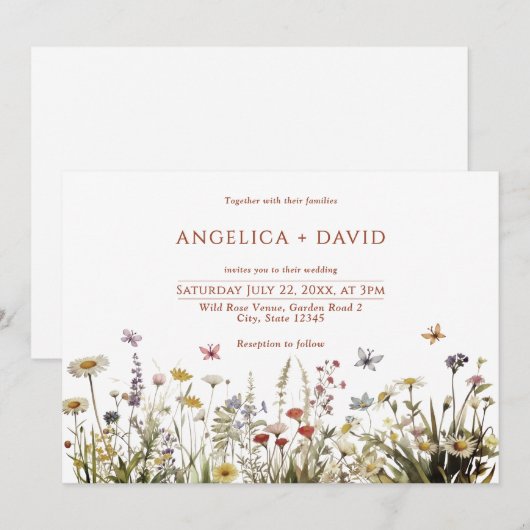 Boho Fleur sauvage papillons Faire-part de mariage (Devant / Derrière)