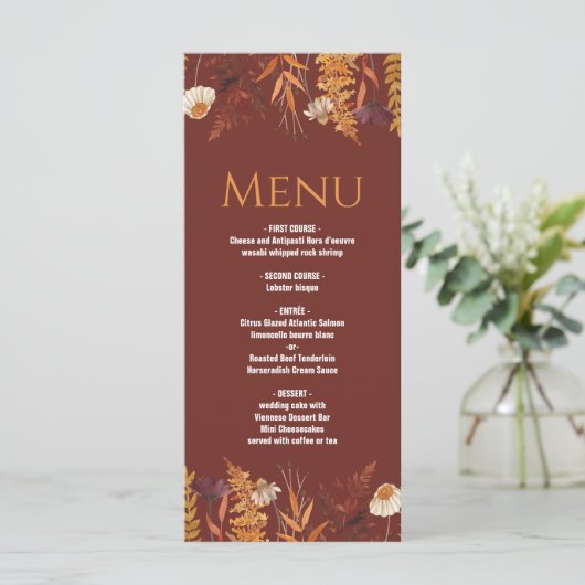 Boho Fleur sauvage Terracotta Automne Mariage Menu (Debout devant)