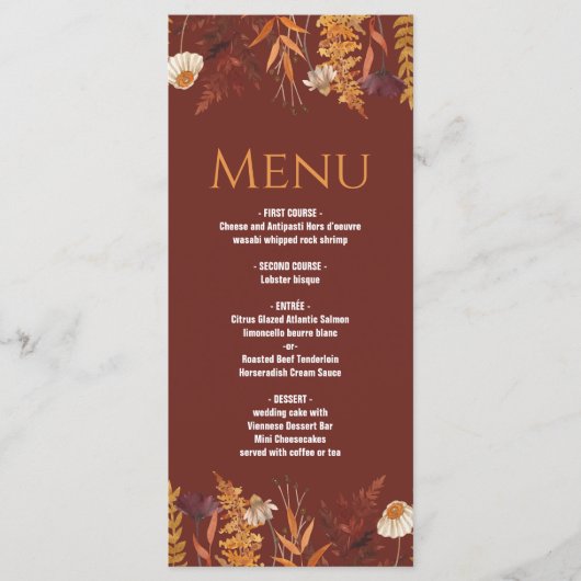 Boho Fleur sauvage Terracotta Automne Mariage Menu (Devant)