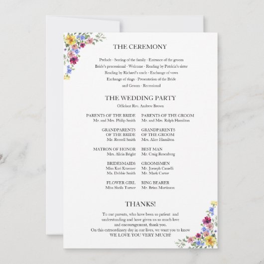 Boho Fleur sauvage Wedding Programme (Dos)