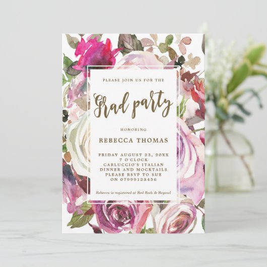 Boho fleuri violet invitation à Graduation party (Debout devant)