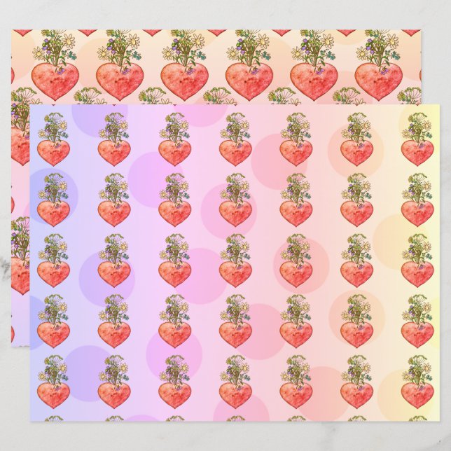 Boho fleurit coeur coloré papier de scrapbook (Devant / Derrière)