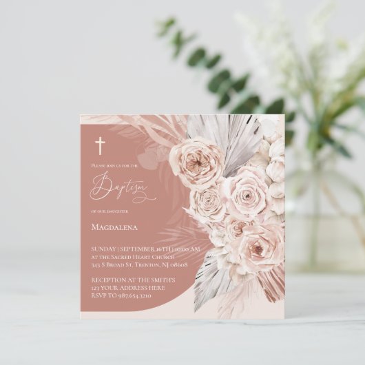 boho fleurs arch design Baptême Invitation (Debout devant)