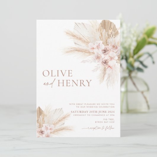 Boho Fleurs Beige Pampas Faire-part de mariage OLI (Debout devant)