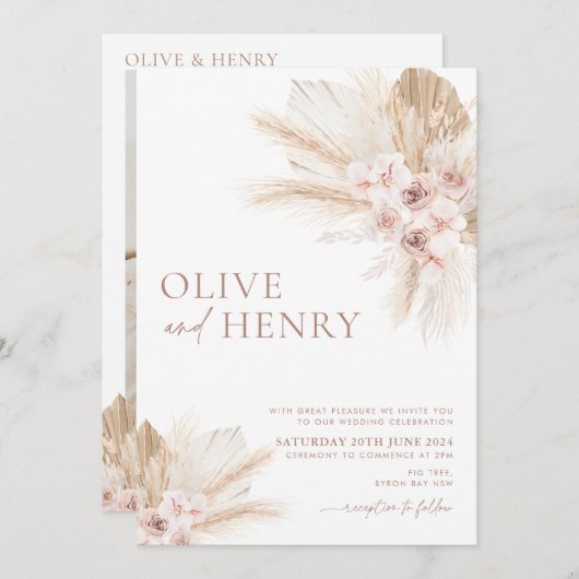 Boho Fleurs Beige Pampas Faire-part de mariage OLI (Devant / Derrière)