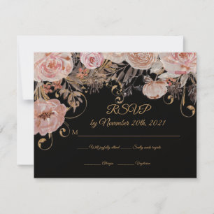 Boho Fleurs Noires Rose Doré RSVP Personnalisé