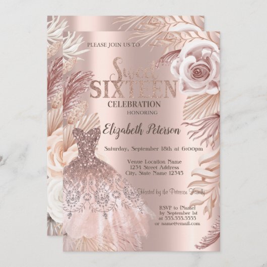 Boho Fleurs robe Rose Gold Sweet 16 Invitation (Devant / Derrière)