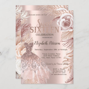 Boho Fleurs robe Rose Gold Sweet 16 Invitation