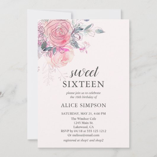 Boho Fleurs rose doux doux doux doux 16 Invitation (Devant)