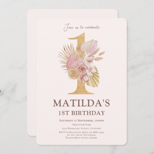 Boho Floral 1e verjaardag uitnodiging (Voorkant / Achterkant)