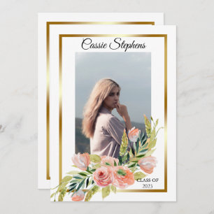 Boho Floral 4 Photo Collage Gold Frame Graduation Aankondiging
