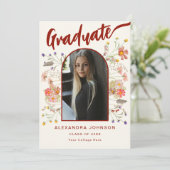 Boho Floral Afstuderen Fotoboog Elegant Script Aankondiging (Staand voorkant)