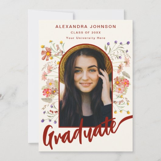 Boho Floral Afstuderen Photo Arch Modern Script Aankondiging (Voorkant)