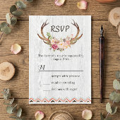 Boho Floral Antler Rustic White Wood Wedding RSVP