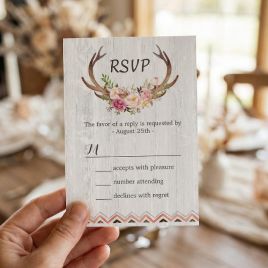 Boho Floral Antler Rustic White Wood Wedding RSVP