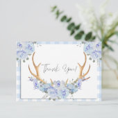 BOHO Floral Antlers Blue Gingham Bedankkaart (Staand voorkant)