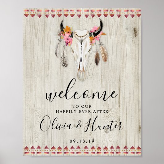 Boho Floral Antlers Koe Skull Welcome Weddenschap Poster (Voorkant)