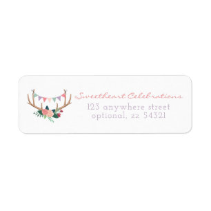 Boho Floral Antlers & Shabby Rozen Return Address Etiket
