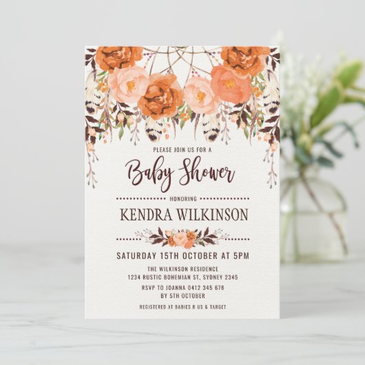 Boho Floral Automne Baby shower Invitation Rustiqu (Debout devant)