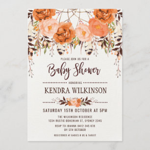 Boho Floral Autumn Baby shower Invitation Rustic Kaart