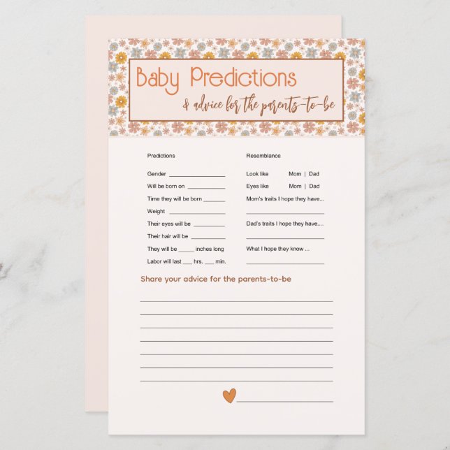 Boho Floral Baby Predictions jeu de carte conseil (Devant / Derrière)