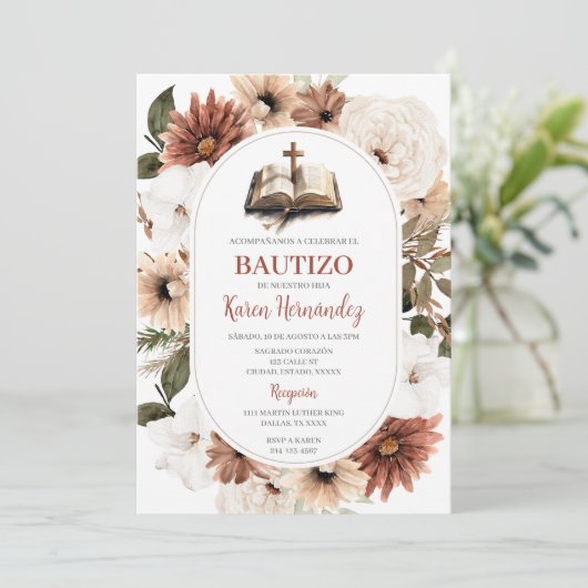 Boho Floral Baptême espagnol Invitation (Debout devant)