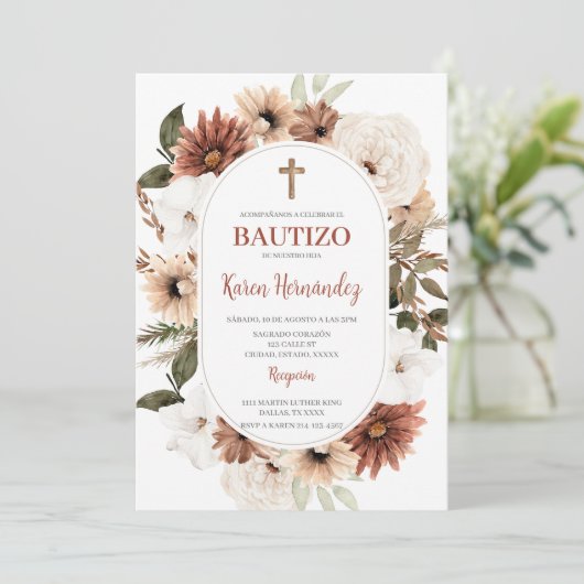 Boho Floral Baptême espagnol Invitation (Debout devant)