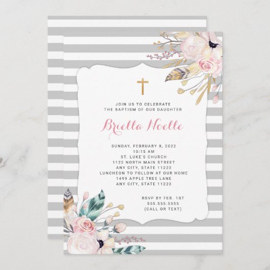 Boho Floral Baptême ou invitations à la première c (Devant / Derrière)