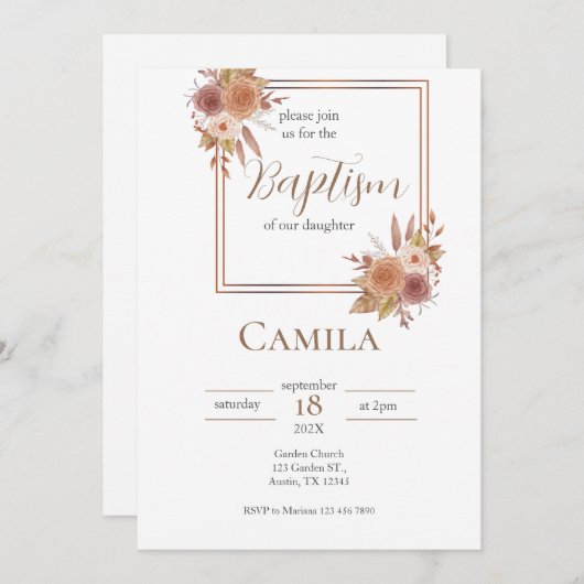 Boho Floral Baptism Invitation pour fille en espag (Devant / Derrière)