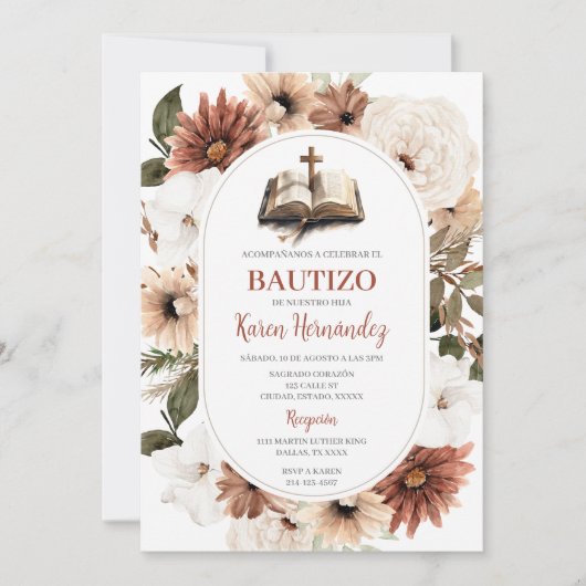 Boho Floral Baptism Spaanse uitnodiging (Voorkant)