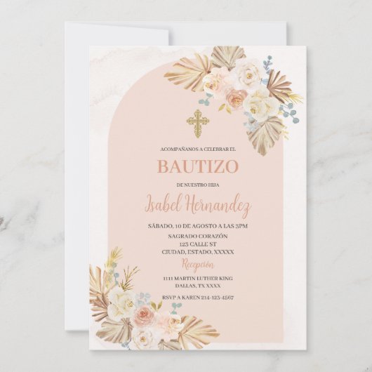 Boho Floral Bautizo Espagne Invitation (Devant)