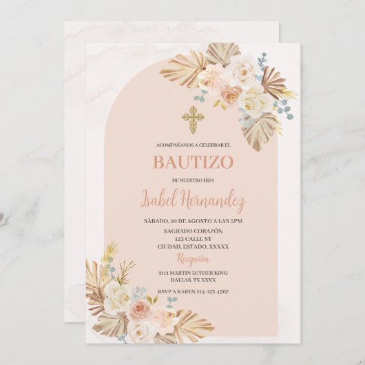 Boho Floral Bautizo Espagne Invitation (Devant / Derrière)
