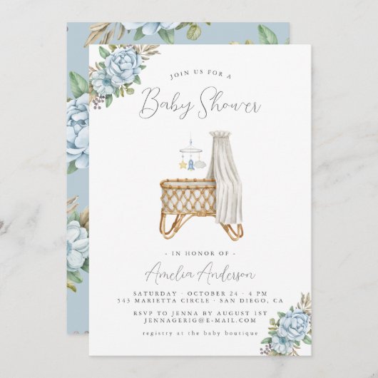 Boho Floral bébé garçon douche Invitation (Devant / Derrière)