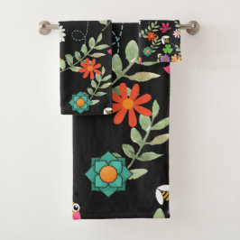 Boho Floral Black Background Pattern Bad Handdoek