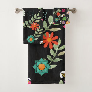 Boho Floral Black Background Pattern Bad Handdoek
