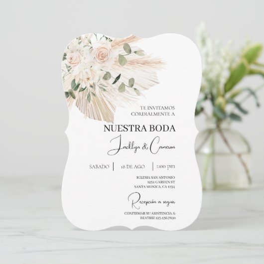 Boho Floral Blanc Faire-part de mariage espagnol (Debout devant)