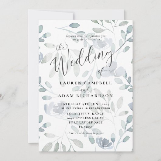 Boho Floral Blue Eucalyptus Faire-part de mariage (Devant)