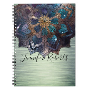 Boho Floral Blue Mandala Chic Green Metallic Notitieboek