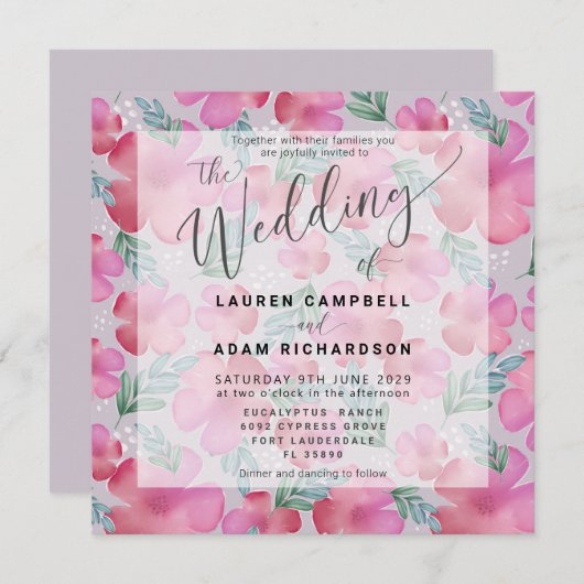 Boho Floral Blush Pink Waterverf Wedding Invite (Voorkant / Achterkant)