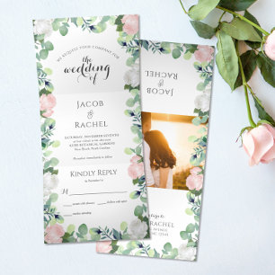 Boho Floral Blush Roses Greenery Wedding Drieluik Uitnodiging