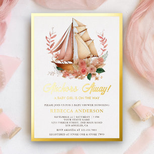 Boho Floral Boat Nautical Girl Baby shower Gold Folie Uitnodiging