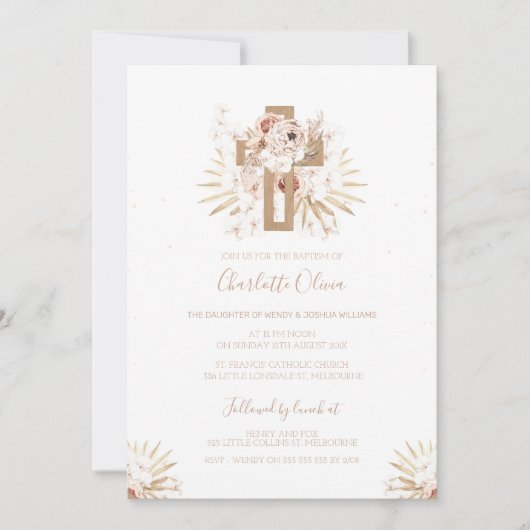 Boho Floral Bois Croix Baptême Invitation (Devant)