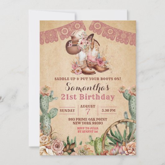 Boho Floral Boots Cowgirl Anniversaire Invitation (Devant)