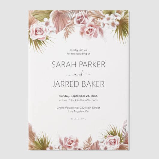 Boho Floral Border Bruiloft Vellum Uitnodigingen (Voorkant)