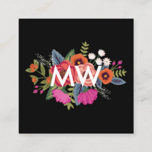 Boho Floral Bouquet Black Background Monogram Vierkante Visitekaartje