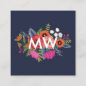 Boho Floral Bouquet - Navy Blue - Monogram Vierkante Visitekaartje (Voorkant)