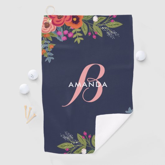 Boho Floral Bouquets - Navy Blue & Pink Monogram Golfhanddoek (Insitu)